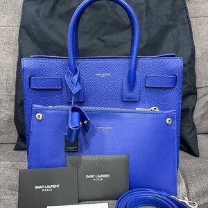 Saint Laurent Blue Leather Tote Bag. YSL baby sac du jour